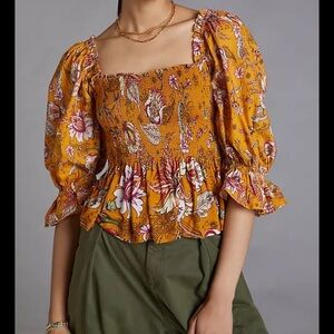 Anthropologie/Conditions Apply Yellow Smocked Sweetheart Blouse